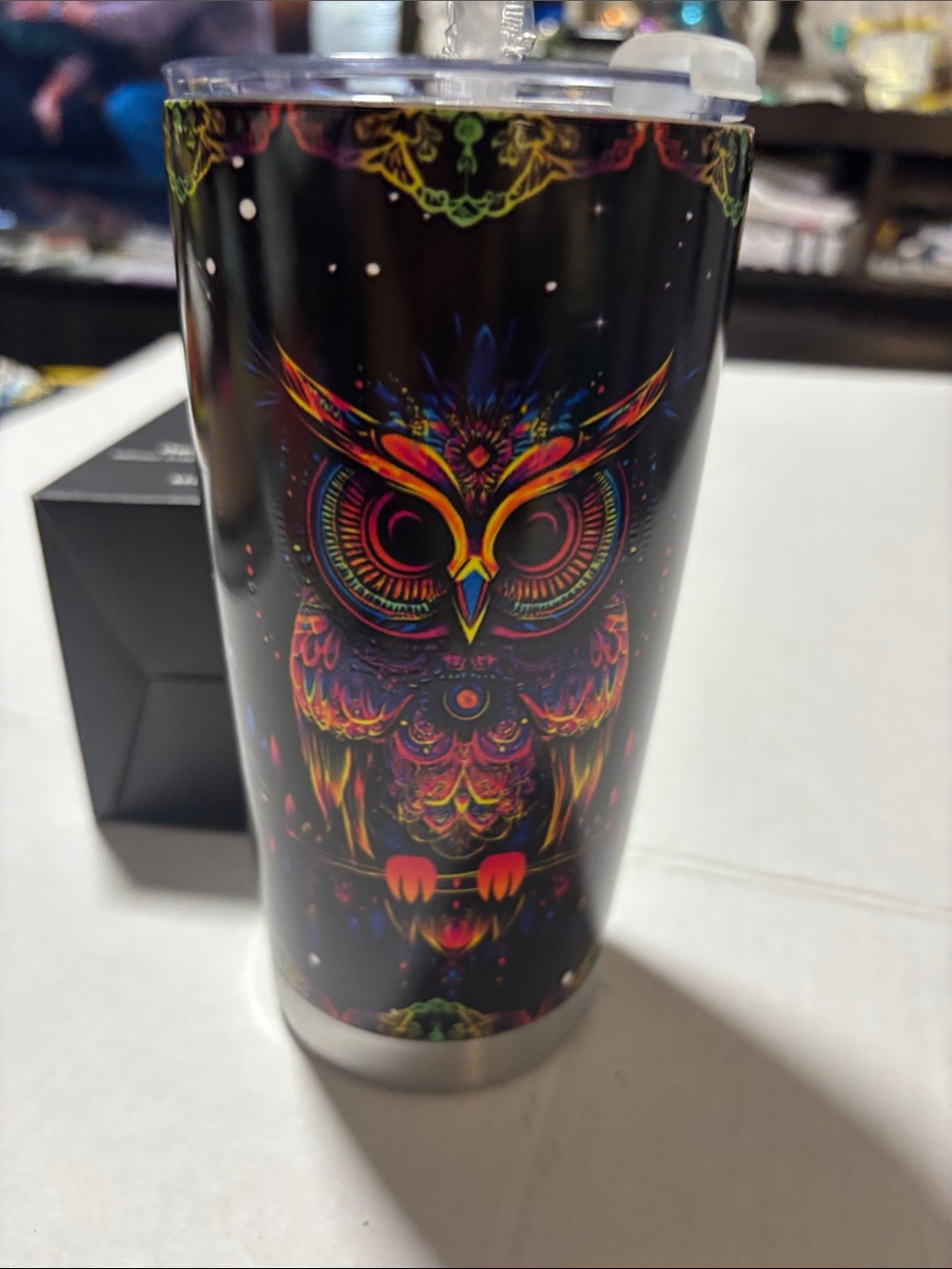 Neon Owl Stainless  20 oz Travel Tumbler - Black & Multicolor